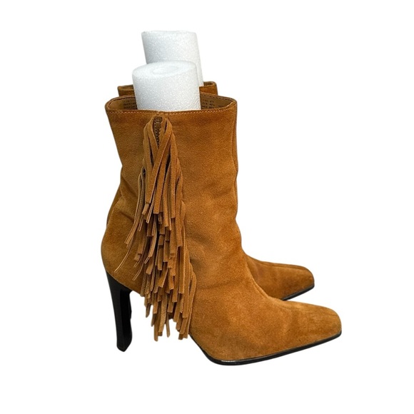 Predictions Tan Suede Fringe Heeled Boots 8.5 Western Boho - Picture 1 of 4